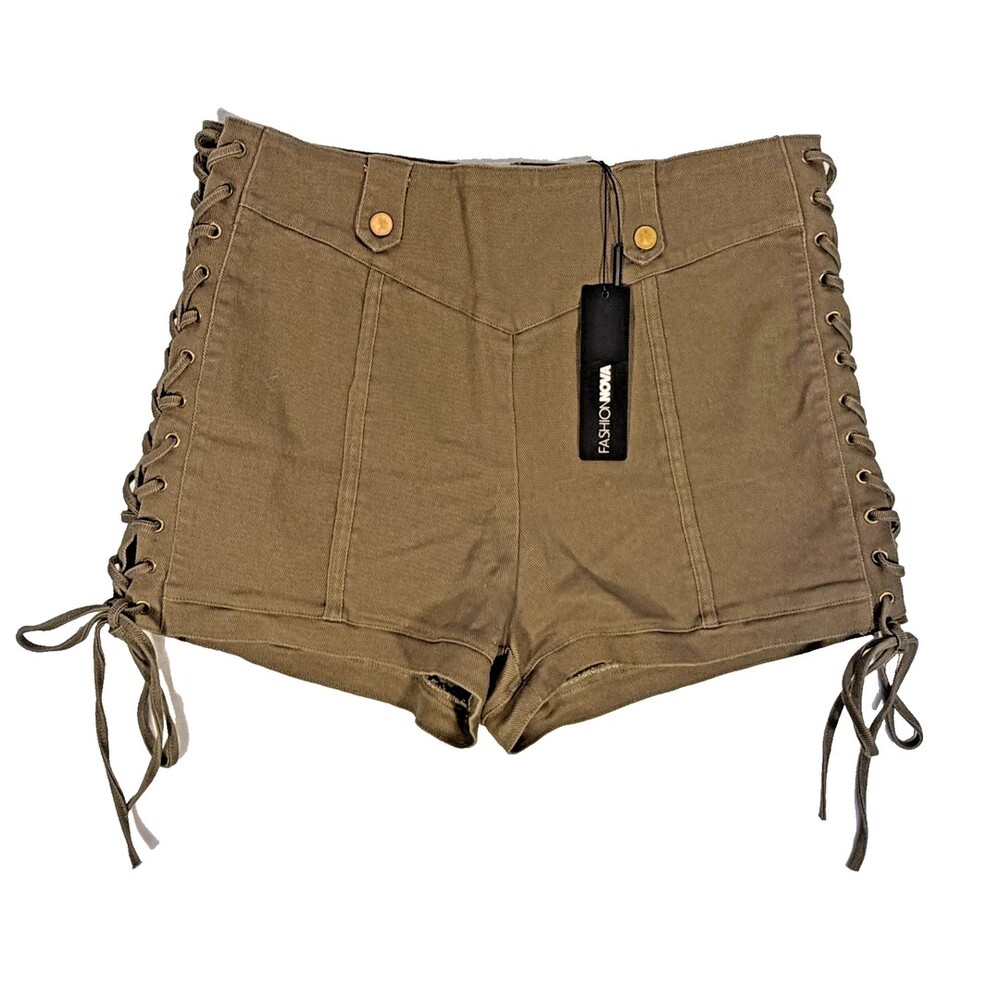 Fashion Nova Denim Kaylee Lace Up Shorts Women's XL Khaki Olive Green High Rise